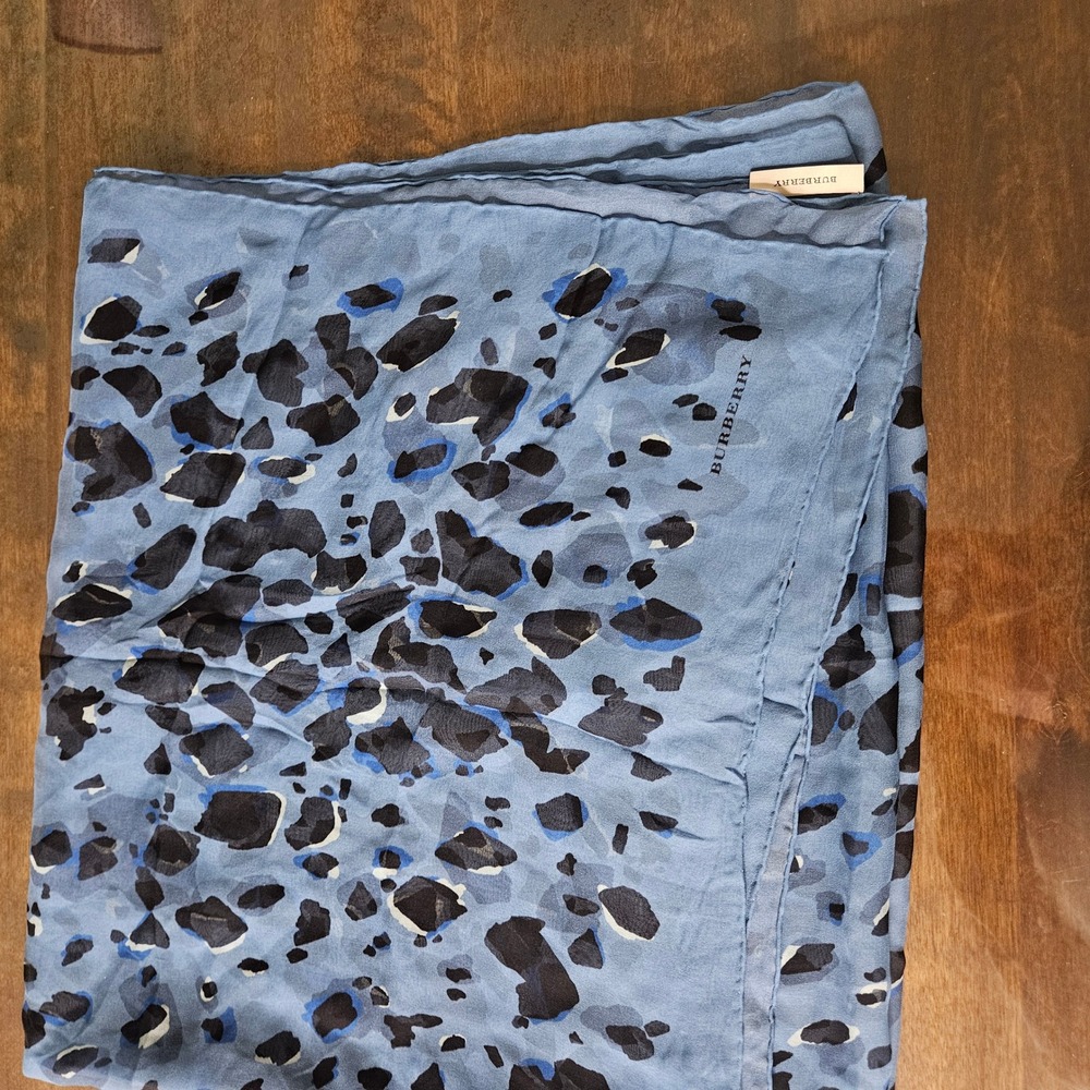 Burberry Scarf Womens OS Blue Abstract Leopard Print Silk Wrap Luxury